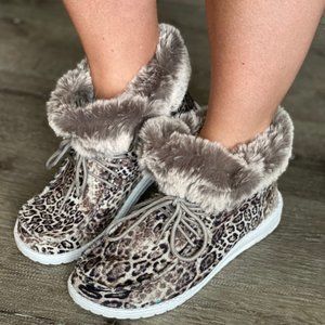Fur Leopard Lace Up Moccasin Slipper Shoes by Gypsy Jazz